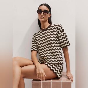 ME+EM Stripe Scallop Knit Relaxed Tee in Cream/Summer Chocolate, Size XL